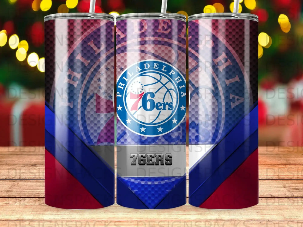 Philadelphia 76ers tumbler with team logo and honeycomb pattern.
