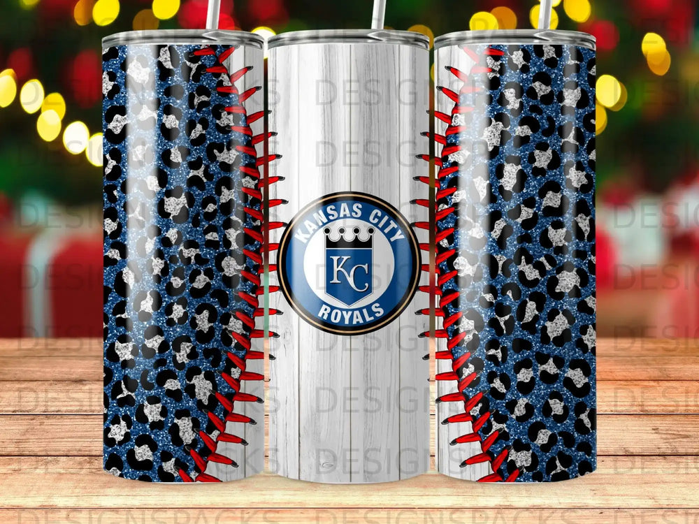 Kansas City Royals tumbler with baseball stitching and leopard print design.