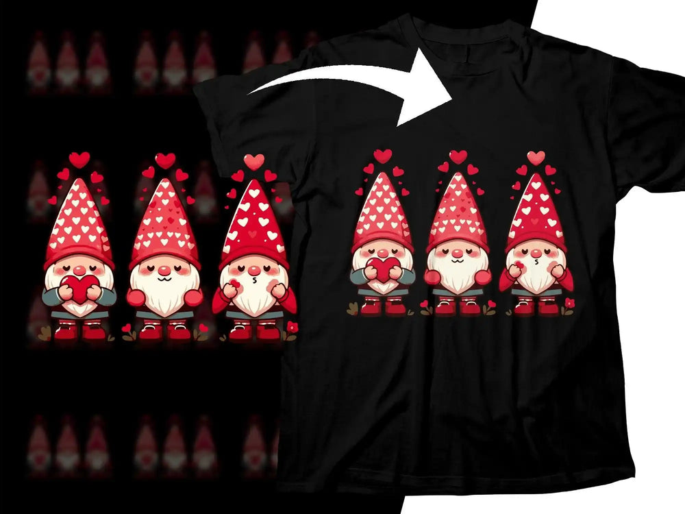 Cute Valentine's gnomes with hearts on black t-shirt, print-ready design for DTG/DTF