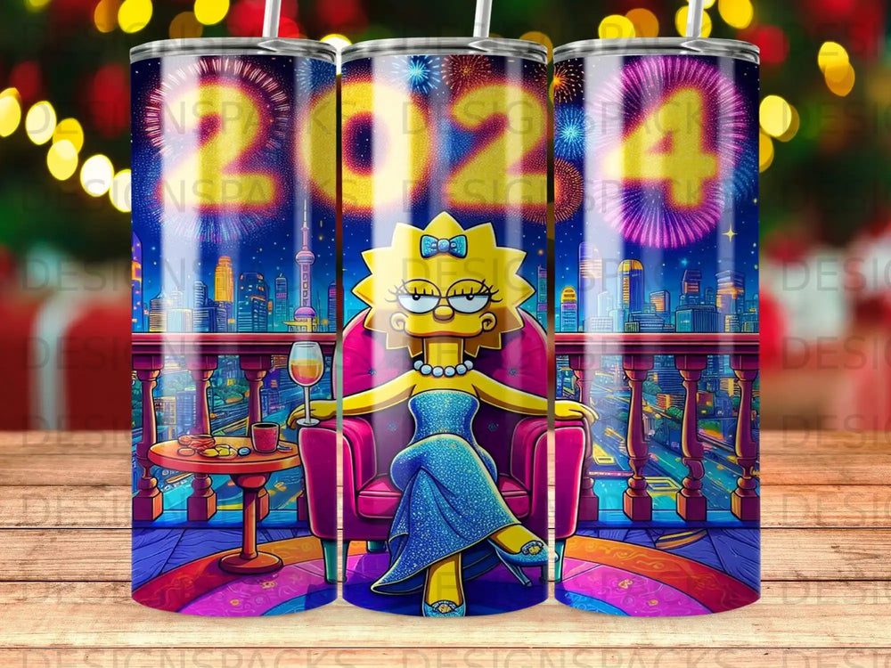 Lisa Simpson in sparkly blue dress at fireworks viewing party.