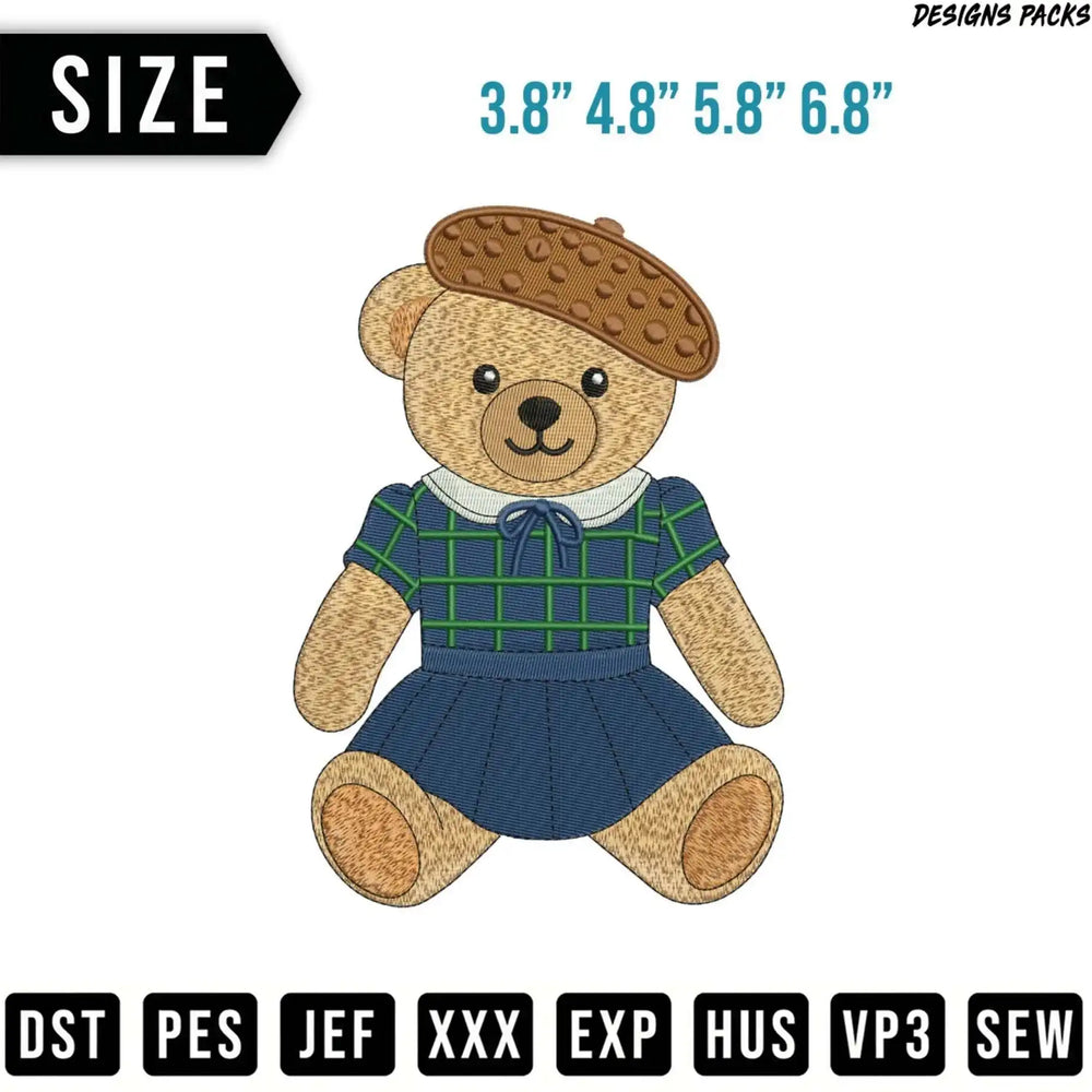 Teddy bear in plaid dress and beret, with size options and file formats.