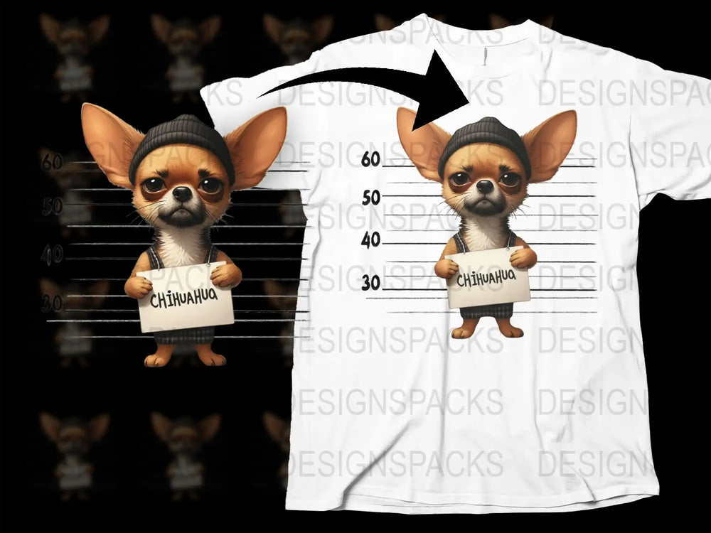 Cute Chihuahua Mugshot T-Shirt, Funny Dog Police Lineup, Black and White Graphic Tee, Pet Lover Gift