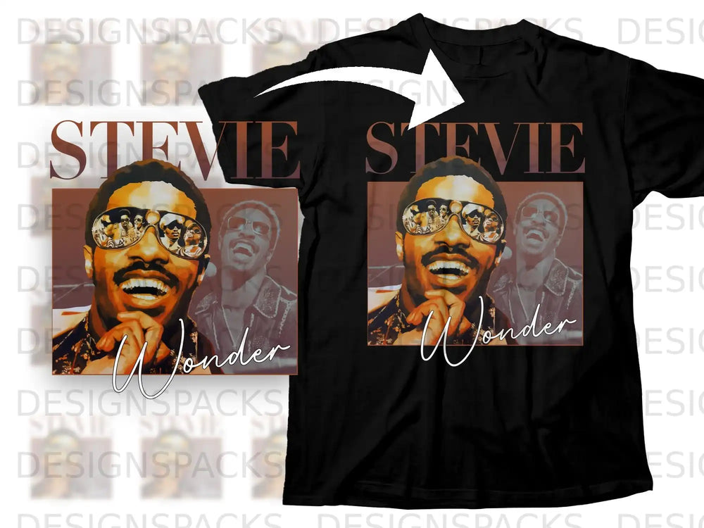 Black t-shirt featuring Stevie Wonder wearing sunglasses, with "Stevie Wonder" text.