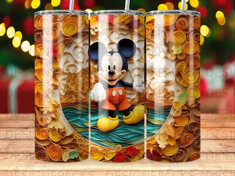 Mickey Mouse character art on a tumbler with a wood-grain and autumn leaf background.