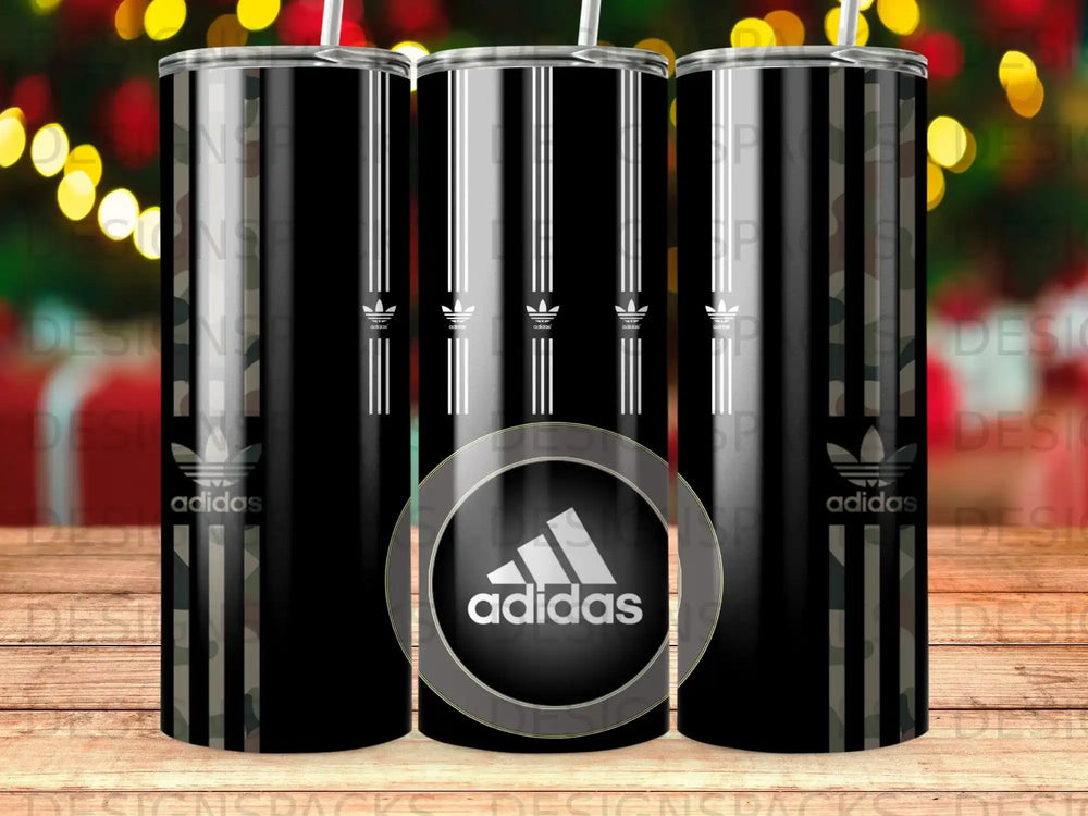 Black tumbler with Adidas logo and vertical stripes.