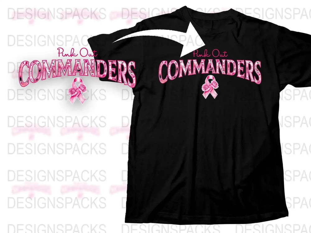 Pink Out Commanders T-Shirt, Breast Cancer Awareness, Black Tee with Pink Ribbons, Supportive Apparel