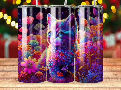 Colorful psychedelic cat surrounded by vibrant flowers and foliage.