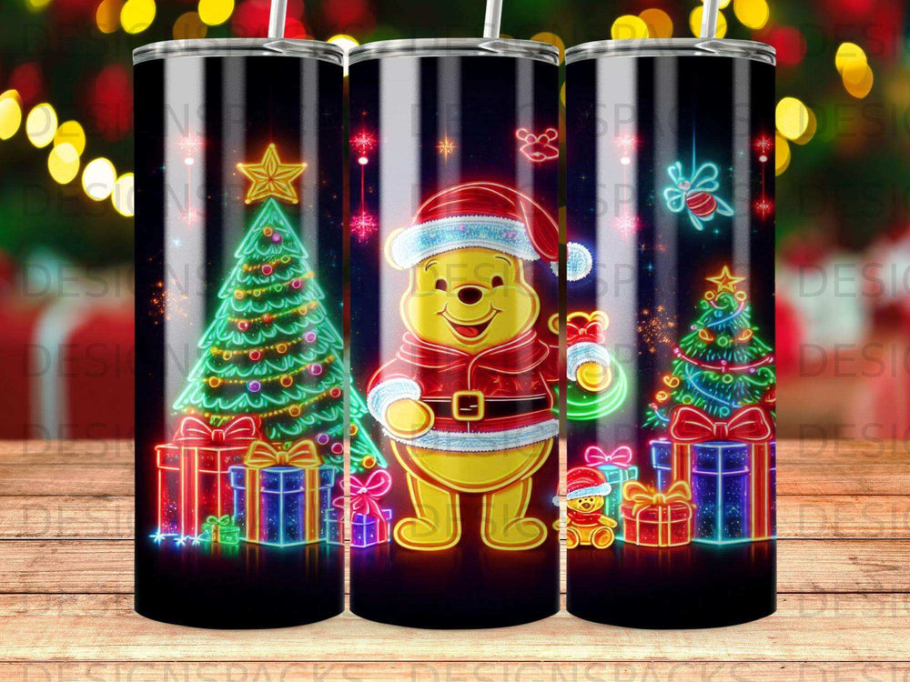 Winnie the Pooh in Santa hat with gifts and Christmas tree.