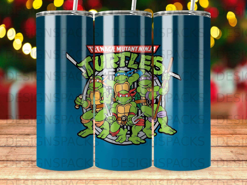 Teenage Mutant Ninja Turtles in a circular logo on a blue tumbler.
