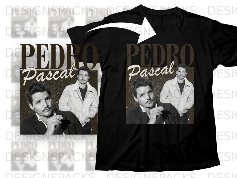 Black t-shirt mockup featuring "PEDRO Pascal" text and a portrait of actor Pedro Pascal.