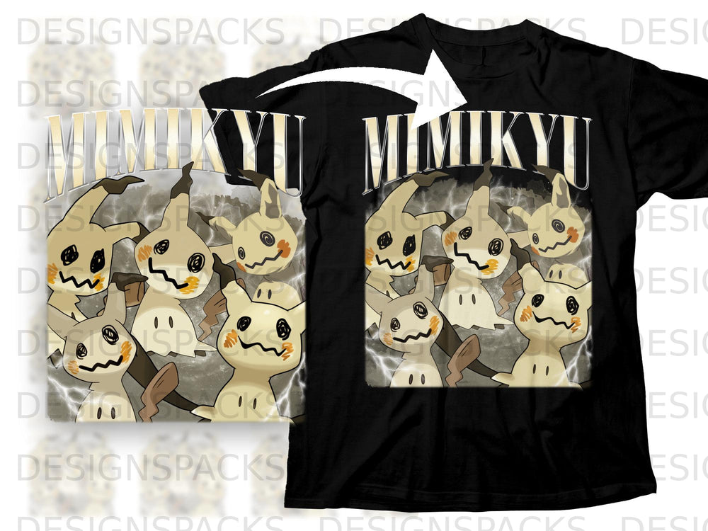 Black t-shirt with multiple Mimikyu characters and "MIMIKYU" text graphic.