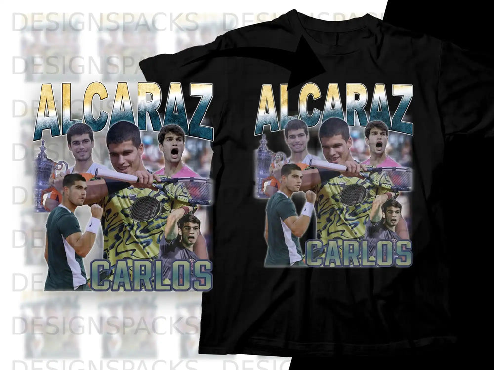 Carlos Alcaraz t-shirt featuring a collage of the tennis player.