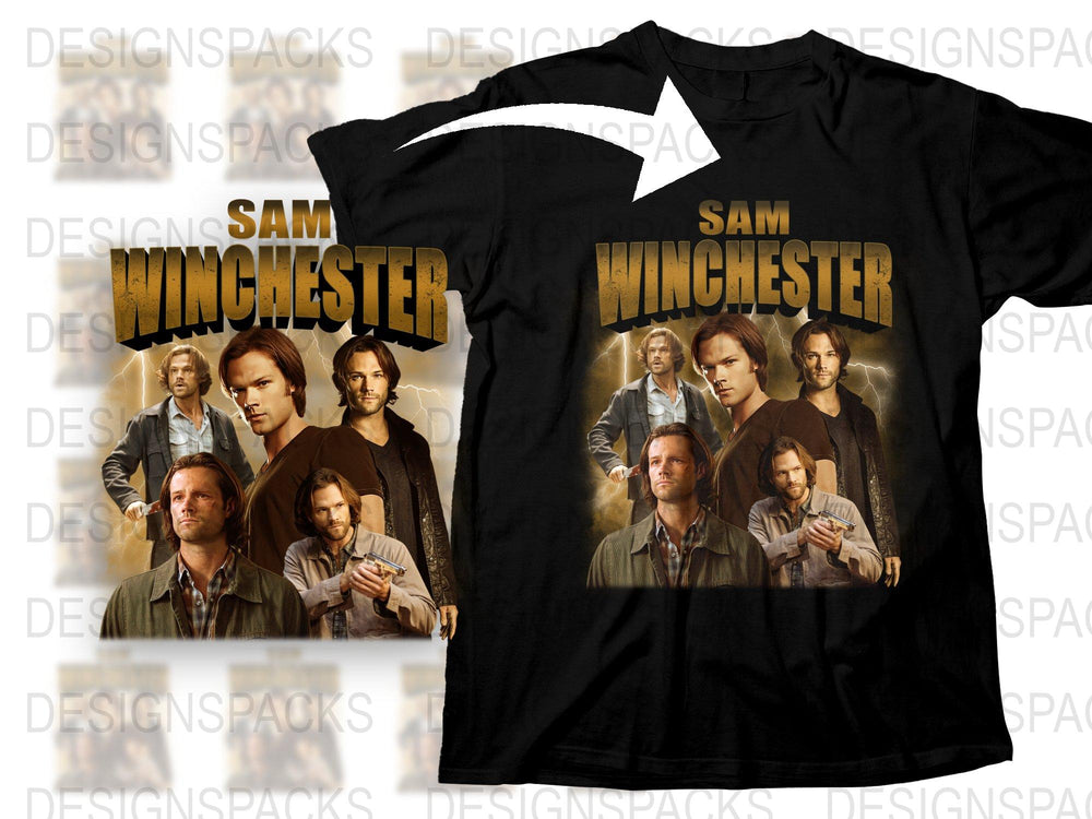 Sam Winchester Fan T-Shirt, Supernatural TV Show, Multiple Poses Graphic Tee, Unisex Black T-Shirt