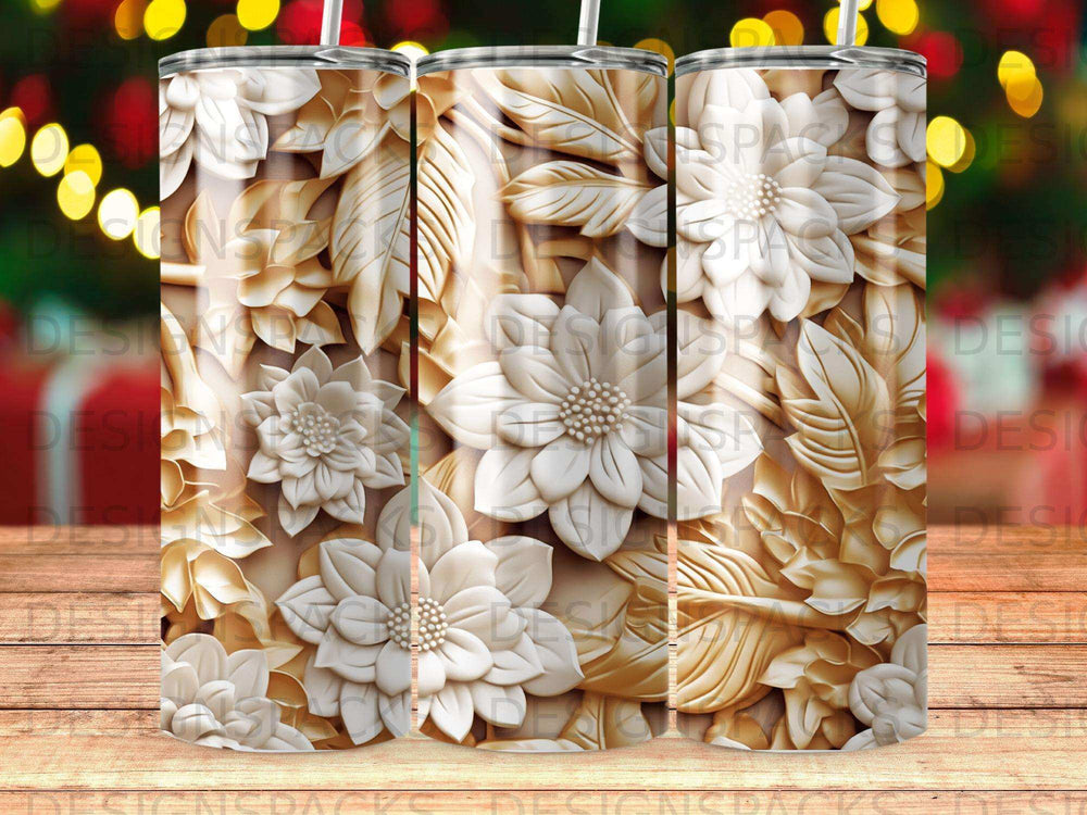 3D floral embossed tumbler with warm ambient lighting in background.
