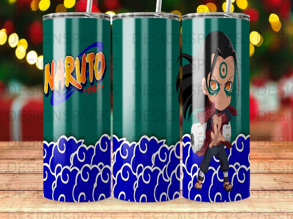 Naruto character on a green tumbler with blue cloud pattern.