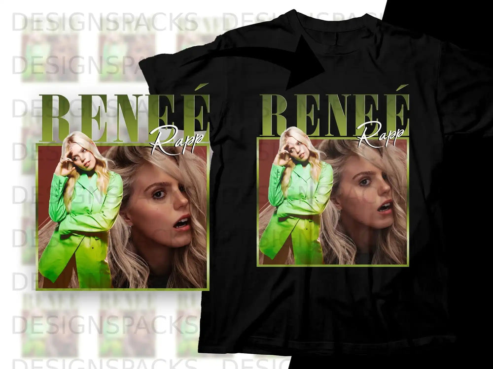 Reneé Rapp green jacket graphic on black t-shirt.