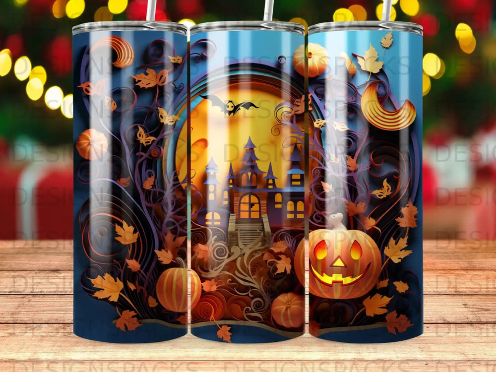 Halloween tumbler with haunted castle, jack-o'-lantern, bat, and falling leaves.