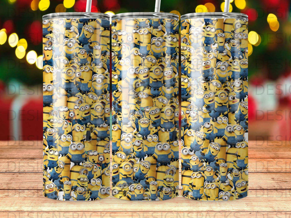Minions characters pattern on a cylindrical tumbler with blurred bokeh lights background.