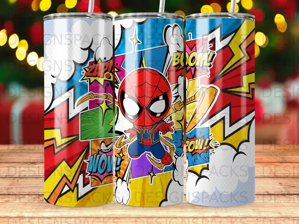 Spiderman superhero tumbler with comic book style art and action words like "Boom!" and "Pow!".