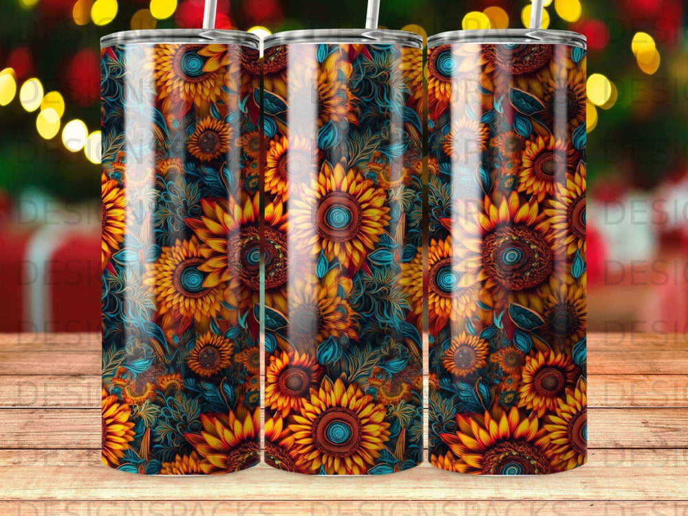 Pattern of sunflowers and blue floral accents on a tumbler.