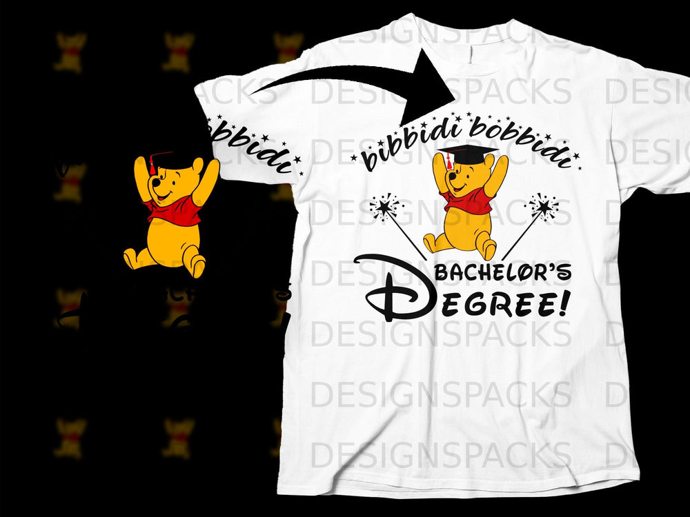 Winnie the Pooh in graduation cap on t-shirt with "Bibbidi Bobbidi Bachelor's Degree" text.