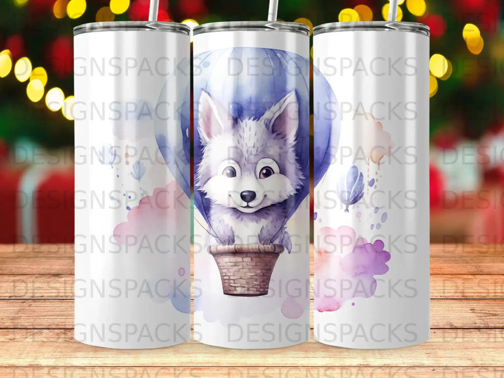 Cartoon wolf in a basket floating in a colorful, sky-themed tumbler.