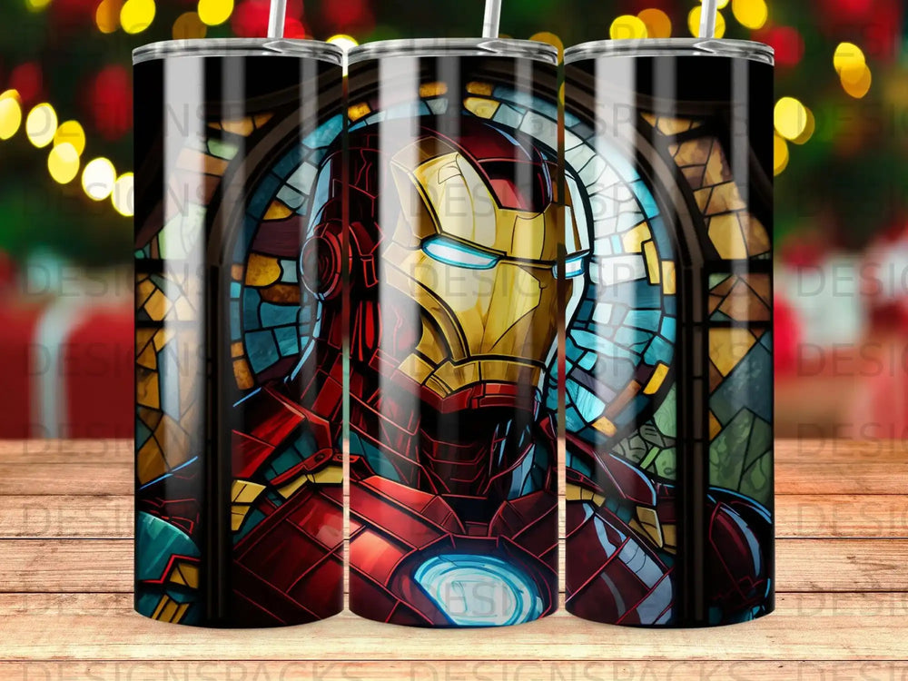 Stained glass Iron Man art on a tumbler.