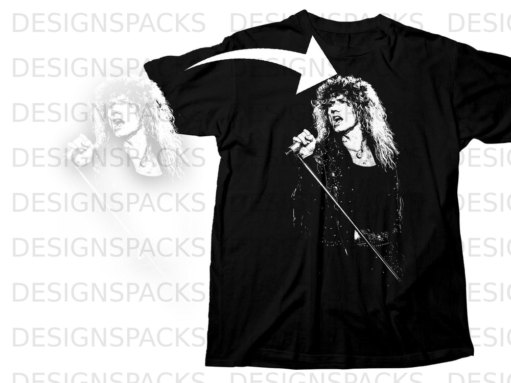 Black t-shirt with a white graphic of a singer with long hair holding a microphone.