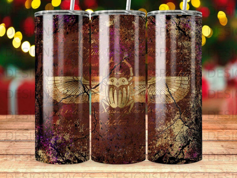 Tumbler with a distressed Egyptian scarab beetle design and parchment background.