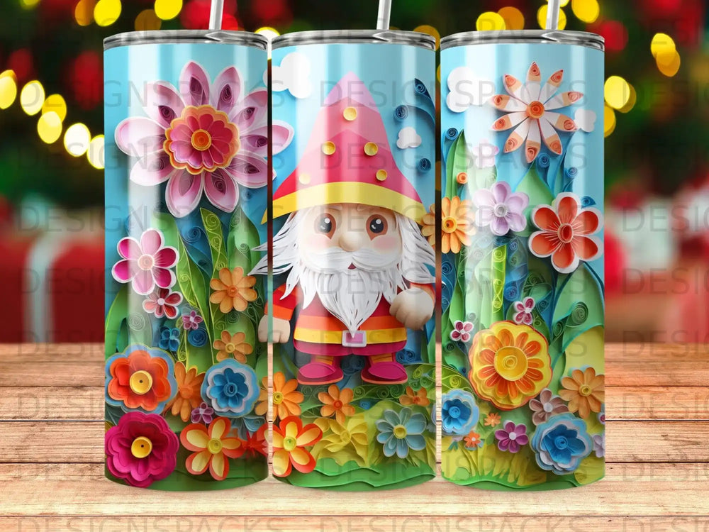 Gnome with flowers and colorful floral background.