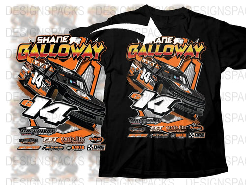 Shane Galloway Racing T-Shirt, Orange Black Dirt Track Car Design, Number 14 Graphic Tee, Motorsport Apparel