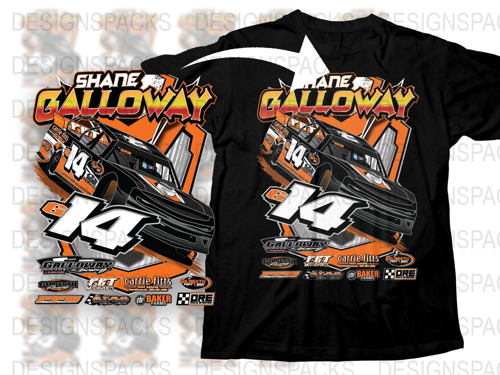 Shane Galloway Racing T-Shirt, Orange Black Dirt Track Car Design, Number 14 Graphic Tee, Motorsport Apparel