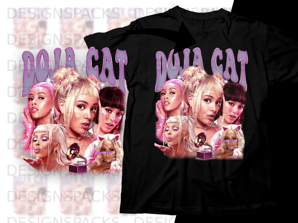 Black t-shirt with Doja Cat collage featuring multiple images and "Doja Cat" text.