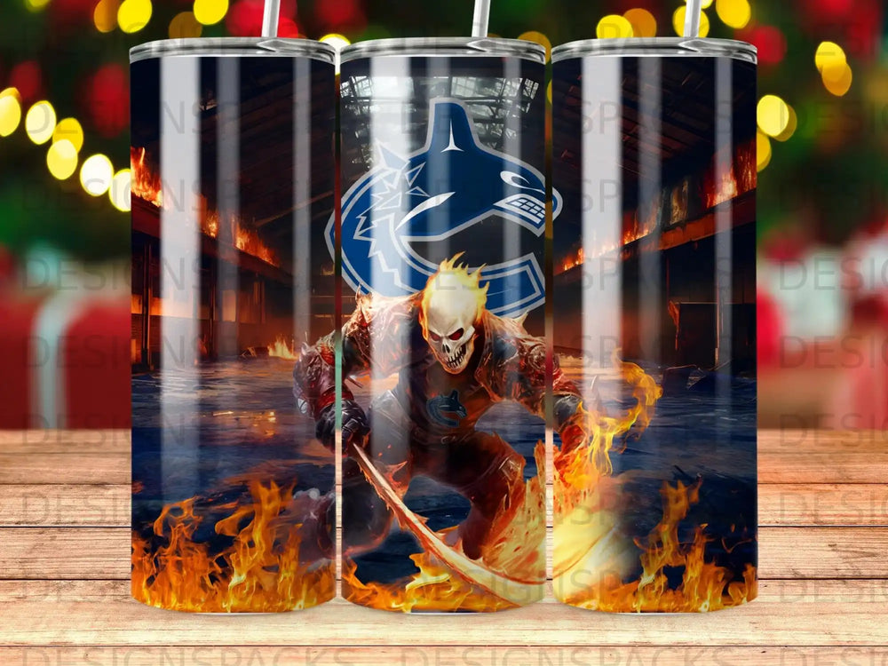 Vancouver Canucks flaming skull character with scythe and team logo.