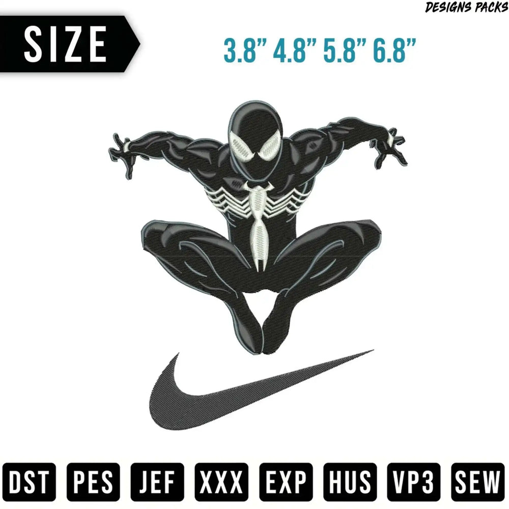 Black Spider-Man figure in a crouched pose over a Nike logo.