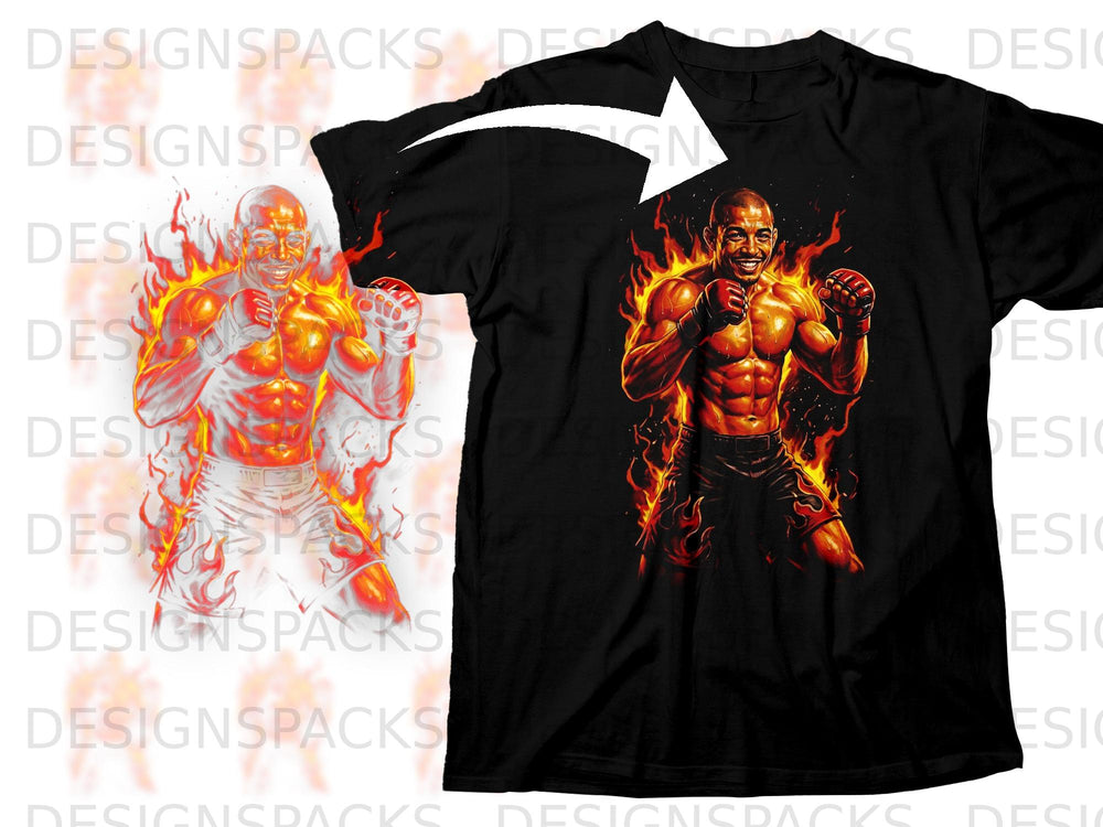 Black t-shirt featuring a flaming MMA fighter graphic with boxing gloves.