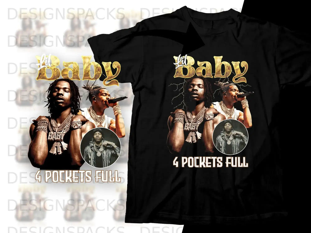 Black t-shirt with "Baby" and "4 Pockets Full" text and DaBaby graphic.