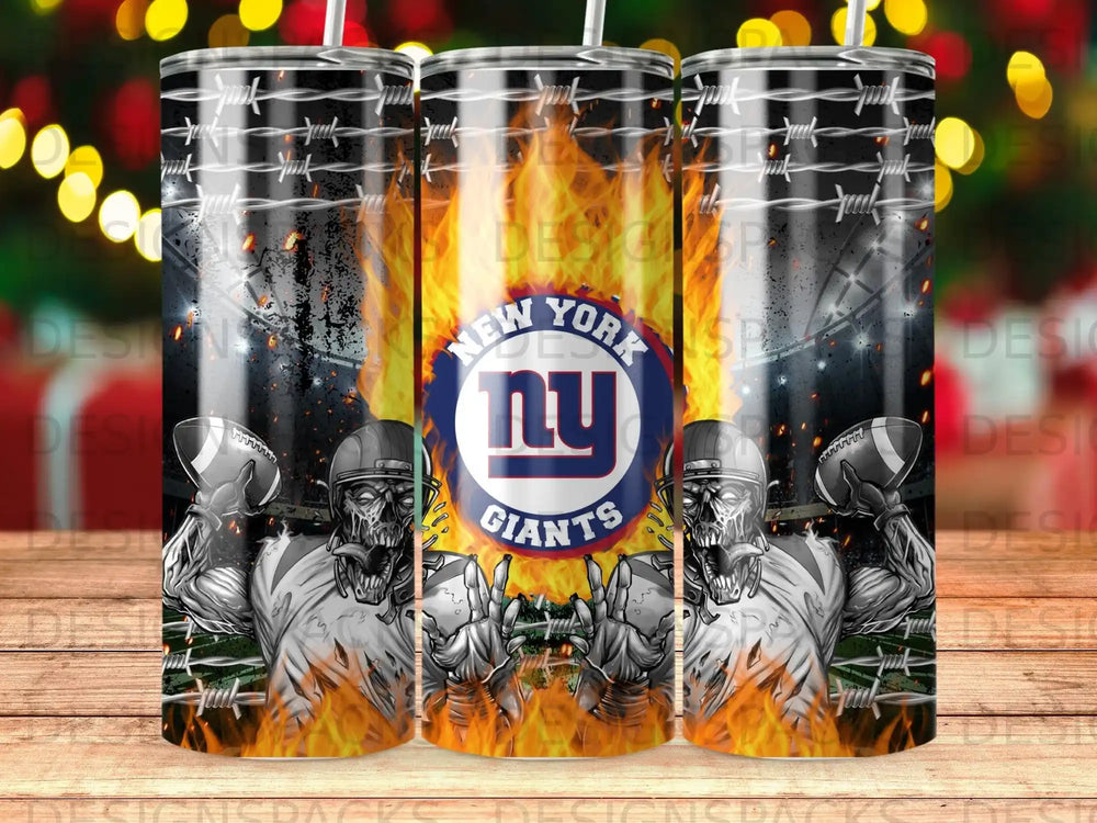 New York Giants football team tumbler with fire and barbed wire design.