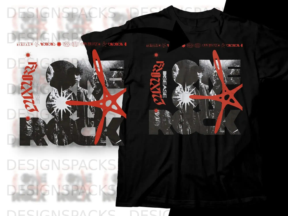 Black t-shirt with "ONE OK ROCK DISEASE" graphic featuring red starburst and abstract elements.