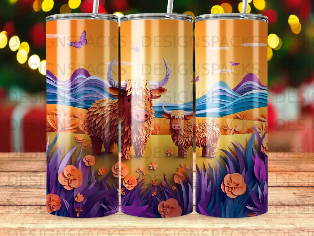Highland cows and wildflowers on a colorful sunset background.