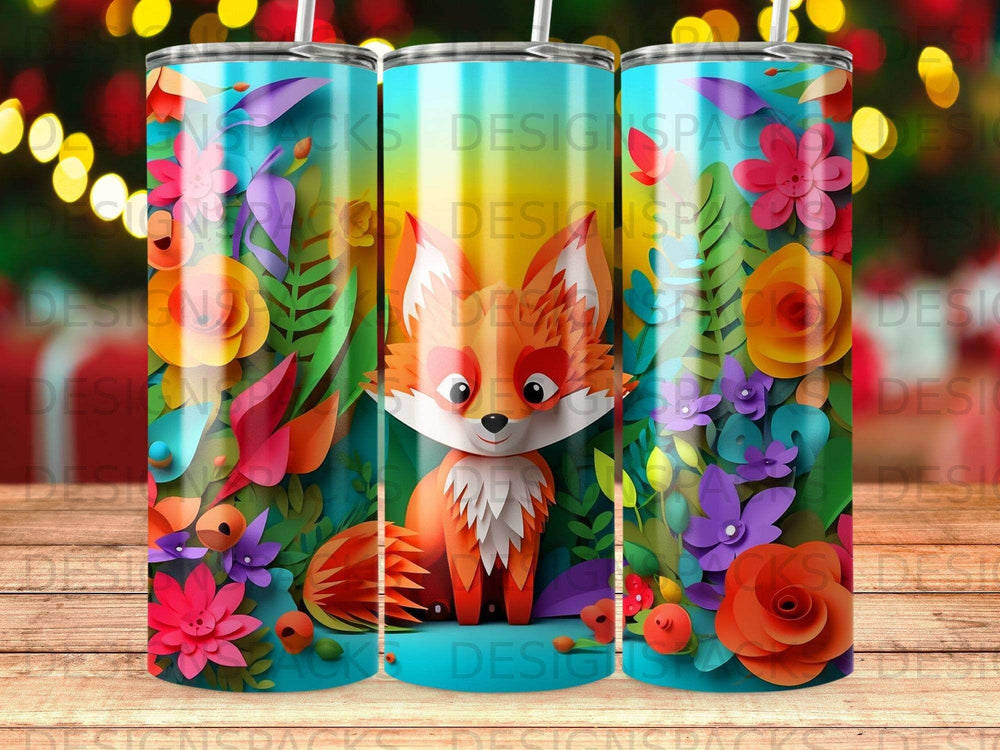 Cute fox surrounded by colorful flowers and foliage on a gradient background.