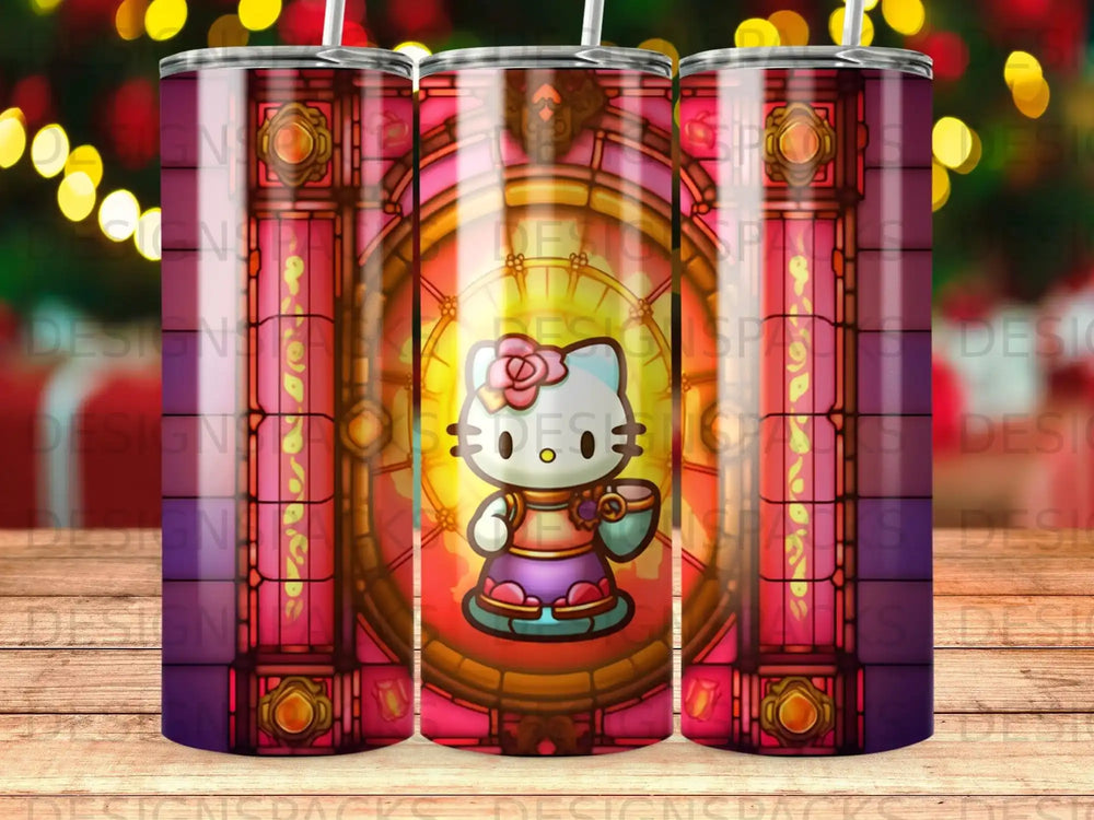 Hello Kitty in stained glass style with pink and purple hues.
