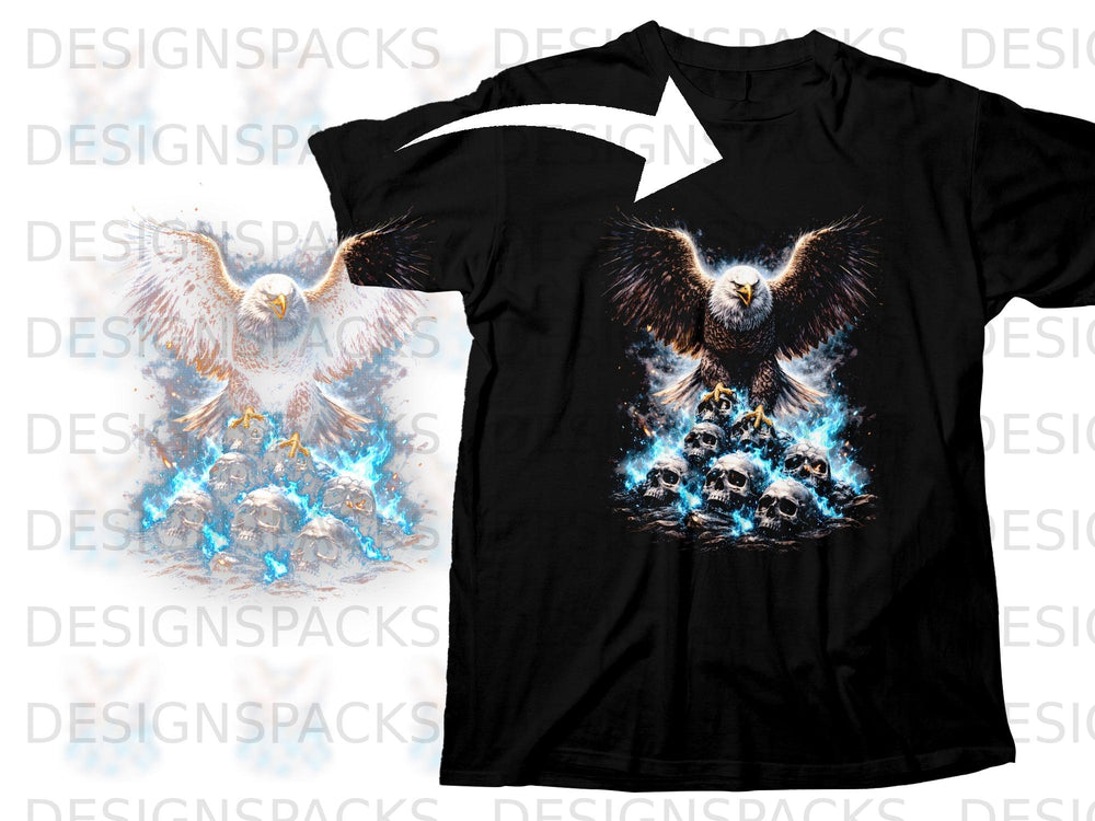 Black t-shirt with eagle and skulls graphic with blue flames.