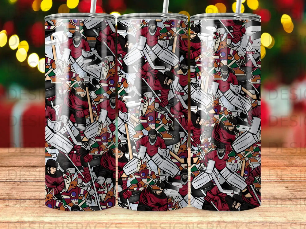 Hockey players in red and white gear with sticks, forming a repeating pattern.