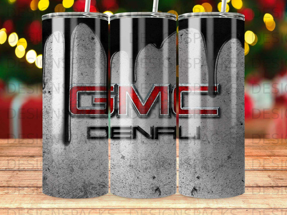 GMC Denali tumbler with a metallic gray and black paint drip design.
