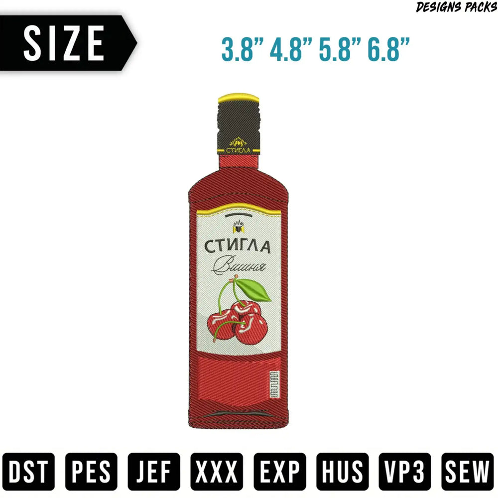 Embroidery design of a bottle of cherry liqueur with size options and file types.