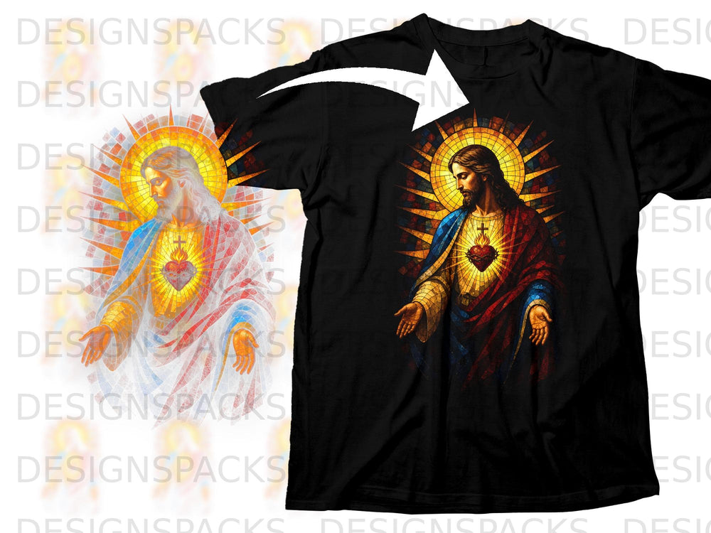 Black t-shirt with Sacred Heart of Jesus stained-glass design.