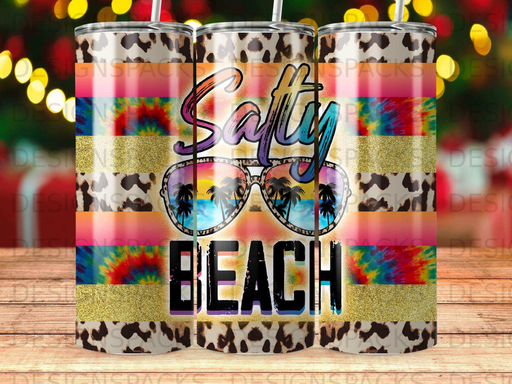 Salty Beach sunglasses with palm trees and tie-dye background.