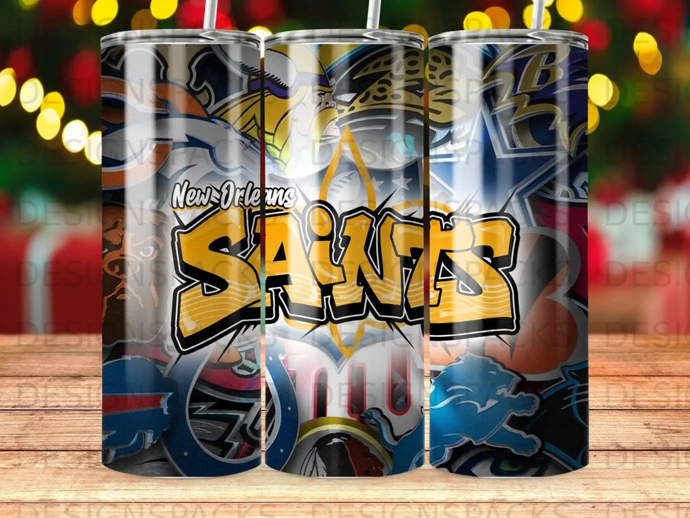 Saints logo with graffiti art and sports team emblems on a tumbler.