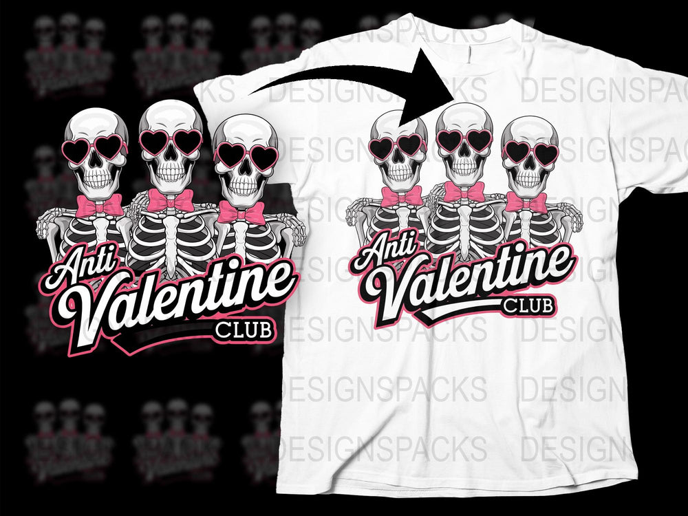Anti Valentine Club T-Shirt, Gothic Skull Graphic Tee, Punk Style Black and White Shirt for Singles Awareness Day
